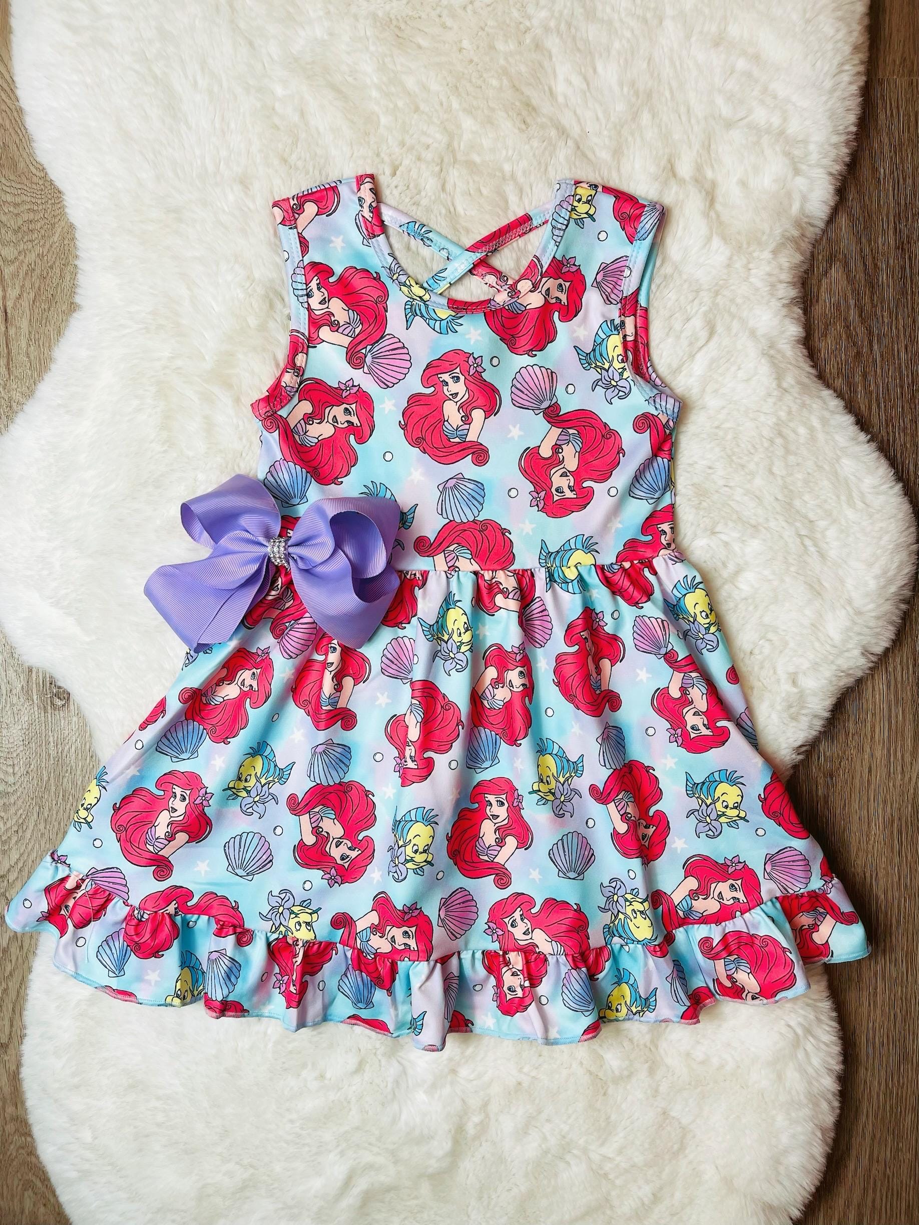 Girls Ariel Cotton Dress: Purple Mermaid Outfit with Bow