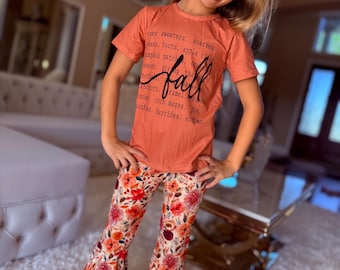 Conjunto de otoño acampanado con lazo a juego para niñas, conjunto de pantalones acampanados de calabaza para niñas, conjunto de otoño para niñas pequeñas, conjuntos de otoño para niñas
