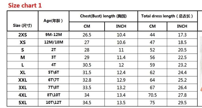 May include: Size chart for children's clothing with measurements in inches and centimeters. The chart shows sizes from 2XS to 5XL, corresponding ages from 9 months to 12 years, chest measurements from 10.4 inches to 13.5 inches, and dress lengths from 17.3 inches to 29.5 inches.