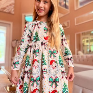Girls&#39; Preppy Santa Dress with Bow: Christmas Holiday Outfit