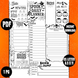 Peut inclure: Un planificateur quotidien imprimable Spooky en noir et blanc sur le thème de la sorcière. Comprend des sections pour les tâches quotidiennes, les notes, le suivi de l'humeur et un brainstorming. Avec le texte "Téléchargement instantané" et "US Letter 8.5 x 11".