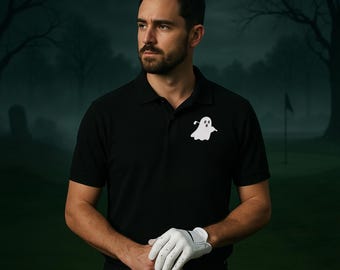 Spooky Ghost Golfer Unisex Polo Shirt, Halloween Apparel, Embroidered Golf Shirt, Casual Wear, Unique Gift for Ghost Lovers