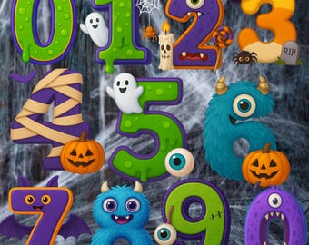 May include: A collection of Halloween-themed numbers 0-9, each with a unique design. The numbers feature ghosts, pumpkins, monsters, and other spooky elements in vibrant colors like green, purple, orange, and blue. The background has a spider web design.