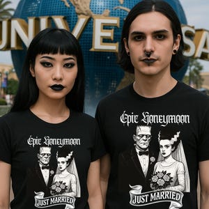 Just Married Epic Universe, Goth Frankenstein Tee, Bride of Frankenstein, Honeymoon, Dark Universe, Darkmoor Village, Universal Monsters