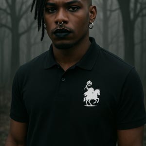 Gothic Minimalist Headless Horseman Unisex Polo Embroidered Logo, Equestrian Crest for Polo Shirts, Halloween Gift, Spooky Golf Shirt