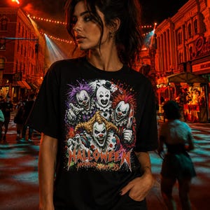 May include: A black short-sleeved t-shirt featuring a graphic print of four menacing clowns with colourful hair and makeup. One clown holds a knife. The text HALLOWEEN HORROR NIGHTS 35 is printed in a distressed orange font at the bottom of the design.