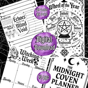 Witchy Printable Planner, 13 pgs,Gothic US Letter,A5 & A4 Inserts, Daily Weekly Monthly Pages,Moon Phases, Ritual Logs, Digital Grimoire PDF