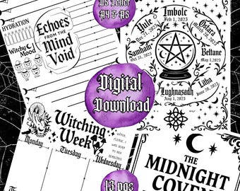 May include: A collection of black and white printable planner pages with witchy themes. Includes a "Wheel of the Year" chart, weekly planner, and pages with text like "Echoes from the Mind Void" and "The Midnight Coven Planner". Features purple accents.