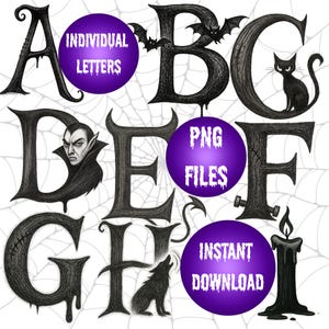 May include: Black and gray Halloween-themed alphabet letters with spooky illustrations. The letters are decorated with bats, a black cat, a vampire, a wolf, and a candle. Purple circles with white text read "INDIVIDUAL LETTERS", "PNG FILES", and "INSTANT DOWNLOAD".