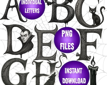 Spooky Nightmare Alphabet, Creepy Gothic Letters, Digital Download, Creepy Scribble Font Style PNG