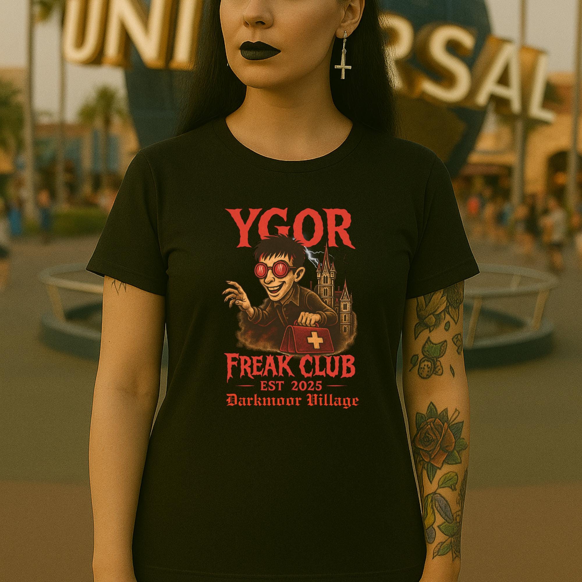 Ygor Freak Club, Darkmoor Horror Graphic Tee, Unisex Freizeitkleidung, Halloween-Kostüm, Geschenk für Horrorfans, Vintage inspiriert