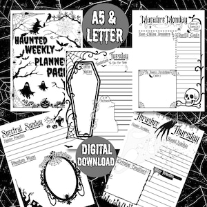 Haunted Weekly Planner, Gothic Spooky Printable Planner Pages A5 & Letter, Morbid Month,Habit Tracker, Meal Planner, Halloween Stationery