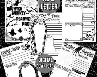 Haunted Wochenplaner, Gothic Gruselige druckbare Planer Seiten A5 & Letter, Morbider Monat, Habit Tracker, Mahlzeitenplaner, Halloween Schreibwaren