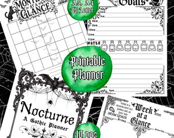 Planificador imprimible gótico espeluznante, academia oscura victoriana, páginas diarias, semanales y mensuales sin fecha + resumen anual, descarga digital en PDF