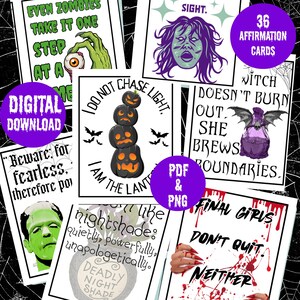 May include: A collection of Halloween-themed art prints with various spooky quotes and illustrations. The prints feature images of zombies, pumpkins, witches, and other gothic elements. Some prints include text like "Digital Download" and "36 Affirmation Cards."