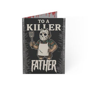Tarjeta espeluznante del Día del Padre para los amantes del terror, inspirada en el Viernes 13, Día del Padre de Halloween