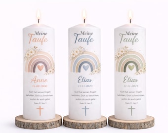 Taufkerze / Patenkerze Regenbogen - personalisierbare Kerze mit Name und Bibelvers / Geschenk zur Taufe Mädchen & Jungen