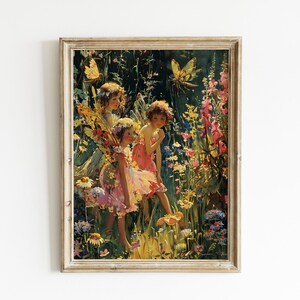 Tableau Fées de la forêt enchantée, oeuvre d&#39;art murale vive, décoration fantastique, impression sur toile fée colorée, décoration de maison mystique, grande oeuvre d&#39;art