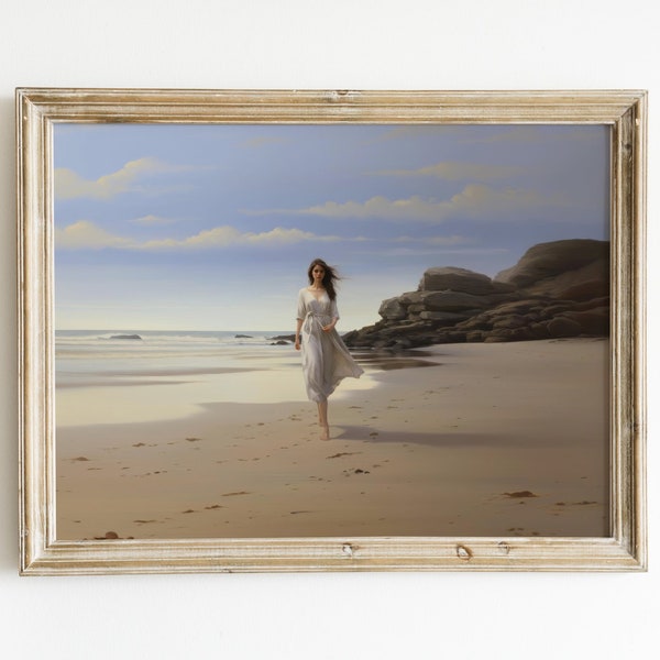 Captivating Lady On Windswept Beach, Wall Art, Coastal Home Decor, Beautiful Beach Artwork, Elegant Woman Ocean Scene Picture