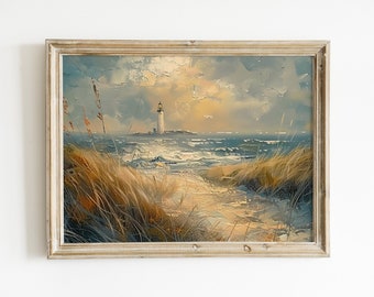 May include: A framed oil painting depicting a seascape with a lighthouse in the distance. The painting features a path leading through tall grass towards the ocean, with waves crashing on the shore. The sky is a mix of gray and blue with a hint of yellow.