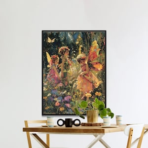 Tableau Fées de la forêt enchantée, oeuvre d&#39;art murale vive, décoration fantastique, impression sur toile fée colorée, décoration de maison mystique, grande oeuvre d&#39;art