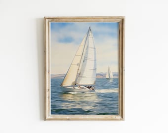 Sailboat Painting, Coastal Marine Art Print (Digital Download)