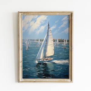 Yacht Race Wall Art, Nautical Theme Home Decor, Sailboat Racing Picture, Marine Artwork, Coastal Living Room Wall Decoration