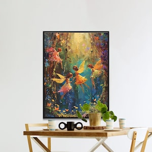Tableau Fées de la forêt enchantée, oeuvre d&#39;art murale vive, décoration fantastique, impression sur toile fée colorée, décoration de maison mystique, grande oeuvre d&#39;art