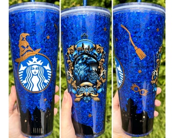 Vaso de globo de nieve azul y bronce inspirado en el mago