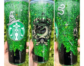 Wizard Inspired Green and Silver Snow Globe Tumbler