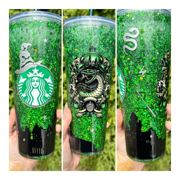 Wizard Inspired Green and Silver Snow Globe Tumbler