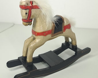 Rocking horse Hand-carved Antique wood, hand-painted 12.5x15cm, Vintage toy, old horse toy, with white hair, tail moon white