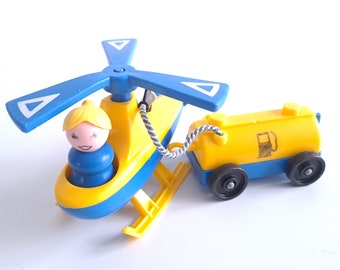 Fisher Price helikopter, met tankwagen Mooie Vintage 1972 Little People vliegveld lucht met pop, 635 verzamelbaar speelgoed