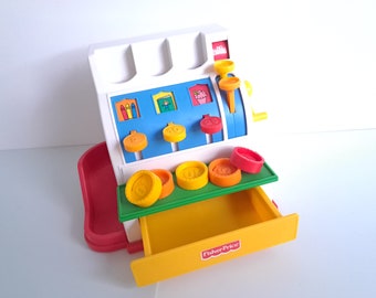 Fisher-Price-Registrierkasse, mit 5 Münzen #926-Registrierkasse in gutem Zustand, 1994 altes Vintage-Spielzeugladengeld für Kinder, langlebig