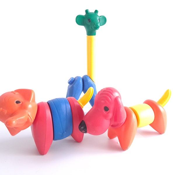 Vintage 70s-80s Tupperware Zoo-it-Yourself plastic animal toys, Elephant, Giraffe and Dog, can be taken apart and taken apart. Fun and educational