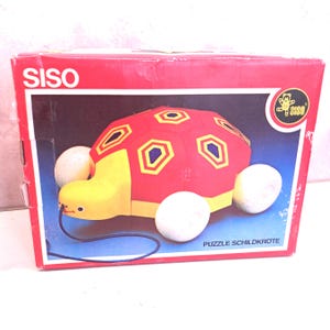 Puzzel schildpad auto trek speelgoed uit de jaren 70, inclusief originele doos!! Compleet met mooie stickers en trekkoord, Siso Co-ma Italië