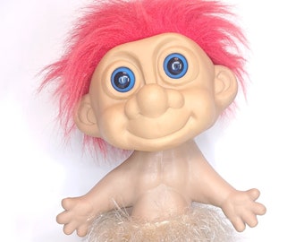 Exclusive Extra Large XXL 42cm Hawaiian Troll from the 1970s-80s. Original, with well-known brightly colored red hair, vintage plastic standing doll