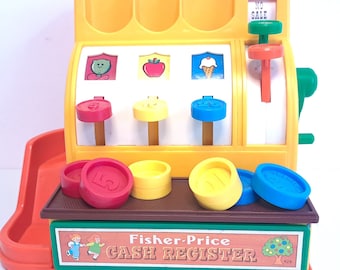 1974 Fisher Price cash register, with 6 coins #926 cash register in good condition, old vintage children's practice toy store money, durable