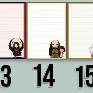 May include: Three lined paper stationery sheets with different illustrations. The first sheet has a red border and features a girl with black hair and a red dress standing in front of a white cat. The second sheet has a brown border and features a character with a white mask and a girl with brown hair. The third sheet has a gold border and features a house on a green island.