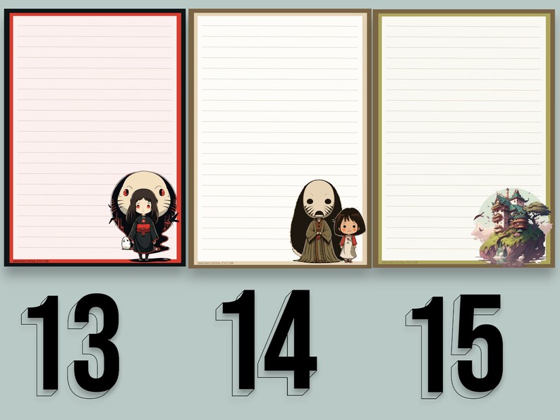 May include: Three lined paper stationery sheets with different illustrations. The first sheet has a red border and features a girl with black hair and a red dress standing in front of a white cat. The second sheet has a brown border and features a character with a white mask and a girl with brown hair. The third sheet has a gold border and features a house on a green island.