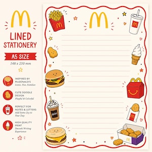 Peut inclure: Papeterie lignée format A5 mesurant 148 x 210 mm avec un thème McDonald's. Le papier présente une bordure rouge ondulée et des illustrations de frites, burger, boisson, nugget, glace et boîte Happy Meal. Le texte inclut LINED STATIONERY.
