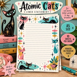 Papelaria pautada com estampa de gatos atômicos no estilo Mid-Century Modern