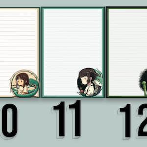 May include: Three printable lined paper sheets with illustrations from the movie Spirited Away. The first sheet features a girl with a green dragon, the second sheet features a girl with a green dragon, and the third sheet features a black and white fluffy creature with a green stick.