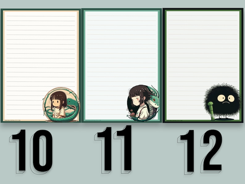 May include: Three printable lined paper sheets with illustrations from the movie Spirited Away. The first sheet features a girl with a green dragon, the second sheet features a girl with a green dragon, and the third sheet features a black and white fluffy creature with a green stick.