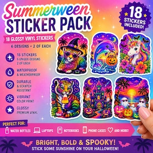 May include: A Summerween sticker pack featuring 18 glossy vinyl stickers with 6 unique designs. The colorful graphics include a leopard in a witch hat, a dolphin with a pumpkin, a unicorn, a tiger with candy corn, a castle, and ghosts at sunset.