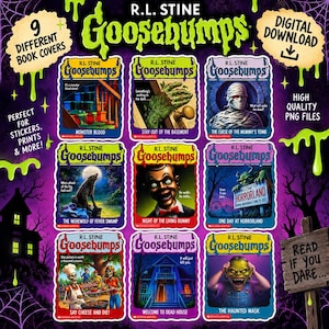 May include: A digital collection of nine R.L. Stine Goosebumps book covers featuring illustrations of monsters, a mummy, a dummy, and haunted houses. The set includes text labels for titles like Monster Blood and The Haunted Mask on a purple background.