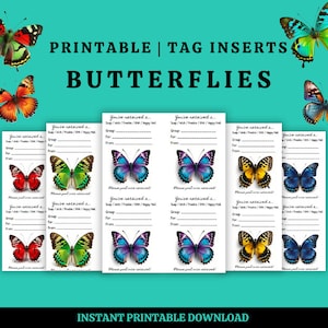 Könnte beinhalten: Druckbare Etiketten mit bunten Schmetterlingsdesigns. Der Text "PRINTABLE | TAG INSERTS BUTTERFLIES" ist zu sehen. Die Etiketten bieten Platz zum Schreiben von "Gruppe" und "Von" sowie den Text "Sie haben erhalten..." und "Bitte nach Erhalt posten!"