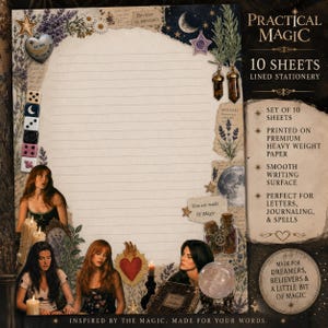 May include: Lined stationery with a mystical theme, featuring the text "Practical Magic" and "10 Sheets." The design includes illustrations of dice, stars, moons, and women. The stationery is printed on heavy weight paper and is perfect for letters, journaling, and spells.