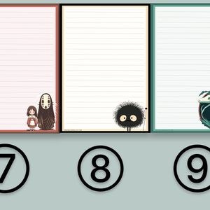 May include: Three lined paper stationery sheets with different illustrations. The first sheet has a red border and features a girl and a masked figure. The second sheet has a cream border and features a black fuzzy creature. The third sheet has a green border and features a girl with a white serpent.