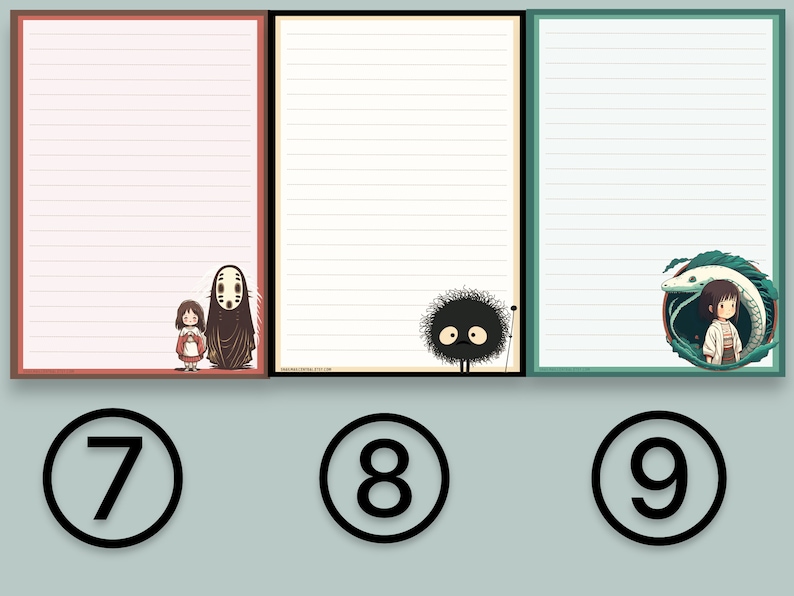 May include: Three lined paper stationery sheets with different illustrations. The first sheet has a red border and features a girl and a masked figure. The second sheet has a cream border and features a black fuzzy creature. The third sheet has a green border and features a girl with a white serpent.